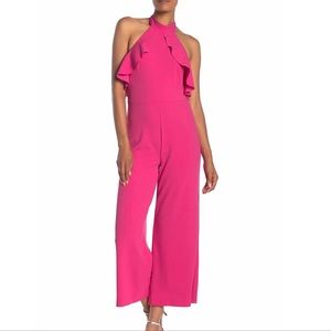 bebe Ruffled Halter Neck Jumpsuit in Fuchsia Sz 10